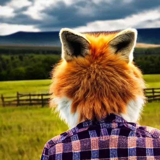 Image similar to a female fluffy anthropomorphic fox animal, head of fox, wearing cowboy hat, wearing plaid shirt, playing guitar, in a field, barn in background, album cover style