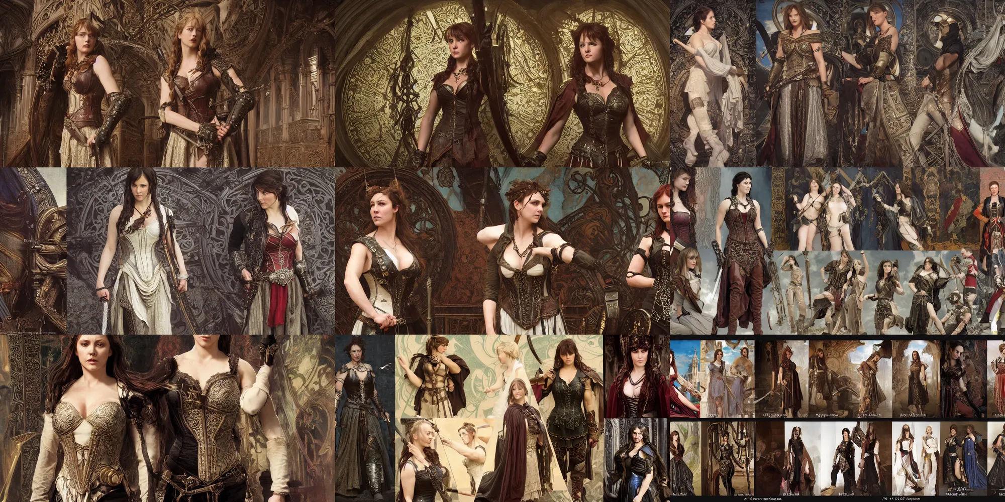 Prompt: paintings of cinematic stills from the xena warrior princess and assassin's creed syndicate crossover, gothic and victorian and roman architecture, intricate jewelry, vests, corsets, kneehigh boots, ornate, filigree, bloom, rim lighting, cinematic lighting, god rays, by mucha, by bouguereau, artstation, cgsociety, rendered in octane.