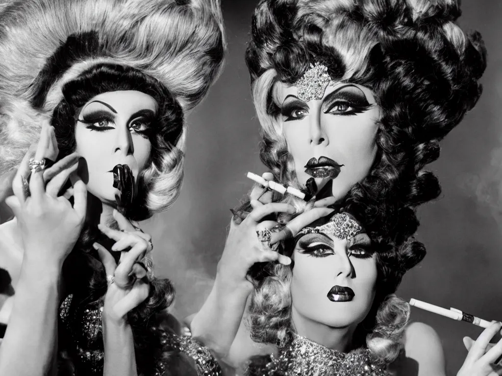 Image similar to Glamorous drag queen with heavy makeup and a big wig smoking a cigarette in a Federico Fellini film, lighting, highly detailed, cinematic