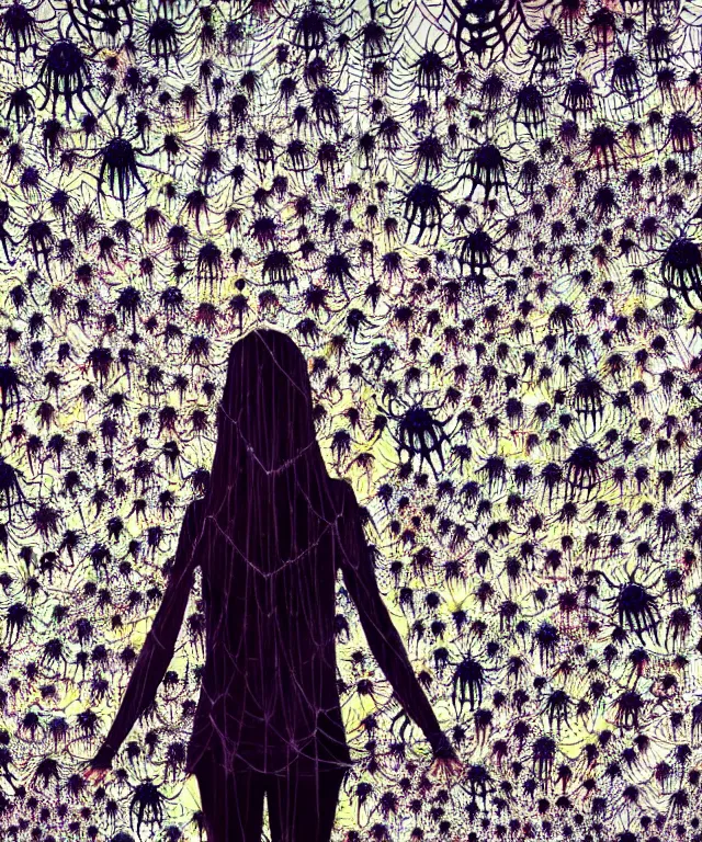 Prompt: a woman standing all covered in spiders. incredible number of spiders. extremely high details, many spider eyes, realistic, horror, creepy, web, masterpiece, colorful art