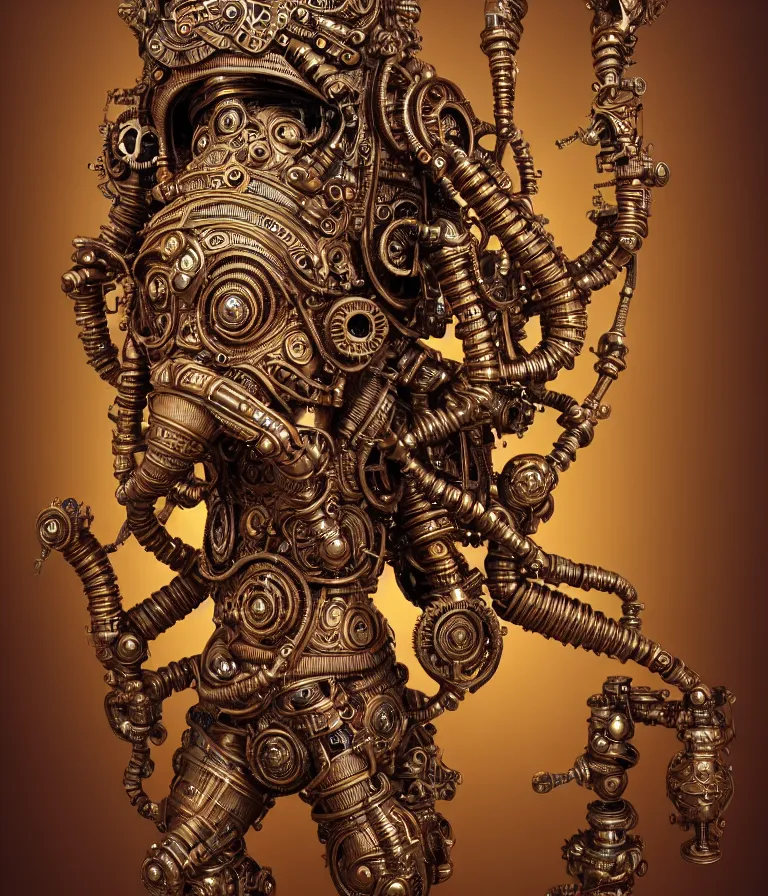 Image similar to steampunk cybernetic biomechanical indian god ganesha, front facing, symmetric, 3 d model, very coherent symmetrical artwork, unreal engine realistic render, 8 k, micro detail, intricate, elegant, highly detailed, centered, digital painting, artstation, smooth, sharp focus, illustration, artgerm, tomasz alen kopera, wlop