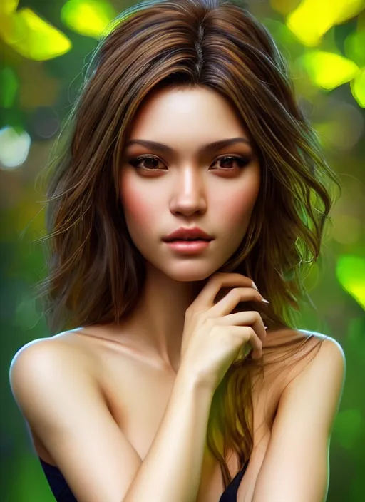 Image similar to photo of a gorgeous female in the style of stefan kostic, realistic, half body shot, sharp focus, 8 k high definition, insanely detailed, intricate, elegant, art by stanley lau and artgerm, extreme bokeh foliage