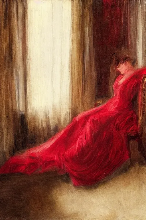 Image similar to an empty red dress laid across a chair in a dark victorian era room. in the style of american impressionism painting.