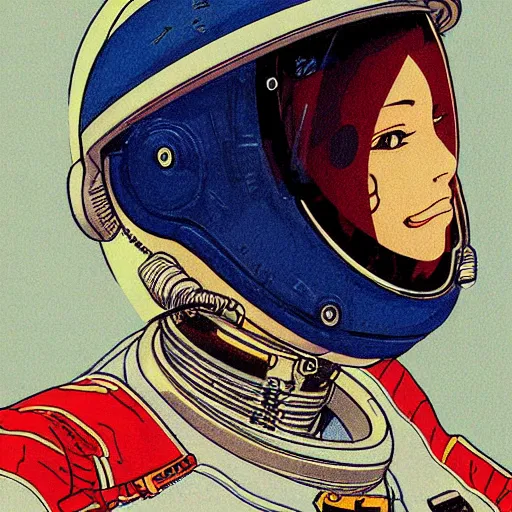 Image similar to portrait of female astronaut painted in miyazaki color style drawn by katsuhiro otomo and takato yamamoto, high detail, intricate linework, sharp, smooth face, china doll face, high detail, manga and anime