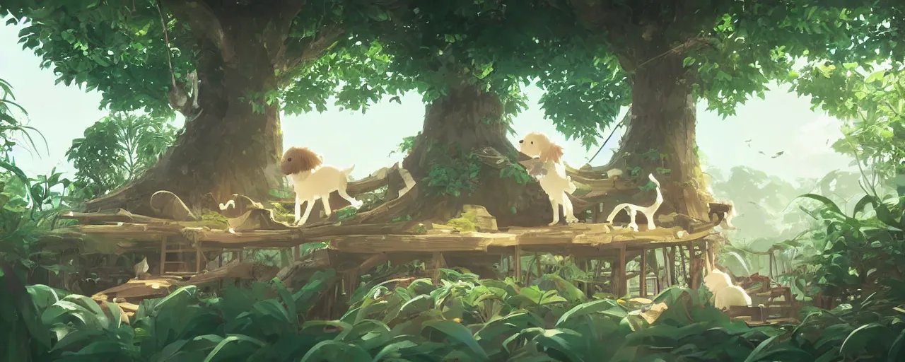 Image similar to a cream - colored havanese dog building a giant tree house next to a tropical beach, atey ghailan, goro fujita, studio ghibli, rim light, exquisite lighting, clear focus, very coherent,