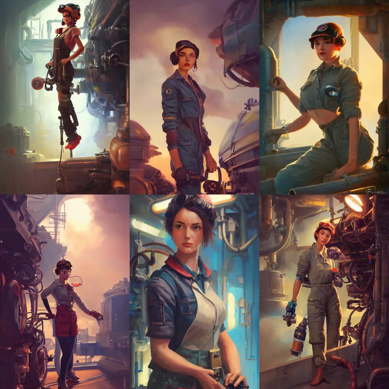 Image similar to a portrait of a cute female mechanic, dieselpunk setting, vivid colors, soft lighting, atmospheric, cinematic, moody, in the style of artgerm and greg rutkowski, oil on canvas, 8 k