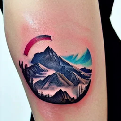 Image similar to double - exposure tattoo of megan fox and beautiful mountains, in the style of dan mountford