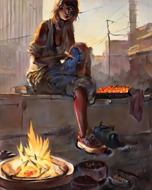 Prompt: portrait of homeless Taylor Swift wearing tattered rags barbecuing shoes on a portable stove, in GTA V, Stephen Bliss, unreal engine, by Greg Rutkowski, Loish, Rhads, Makoto Shinkai and Lois van baarle, ilya kuvshinov, rossdraws, global illumination, radiant light, detailed and intricate environment