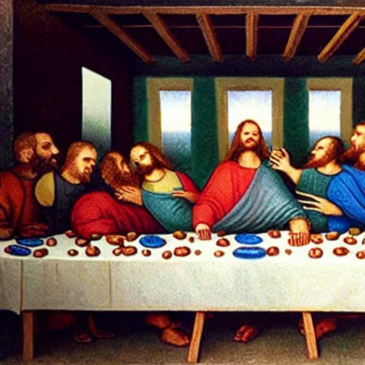 Prompt: the last supper, featuring Andy The Pieman Smith, who was eaten all the food and the other guests look horrified