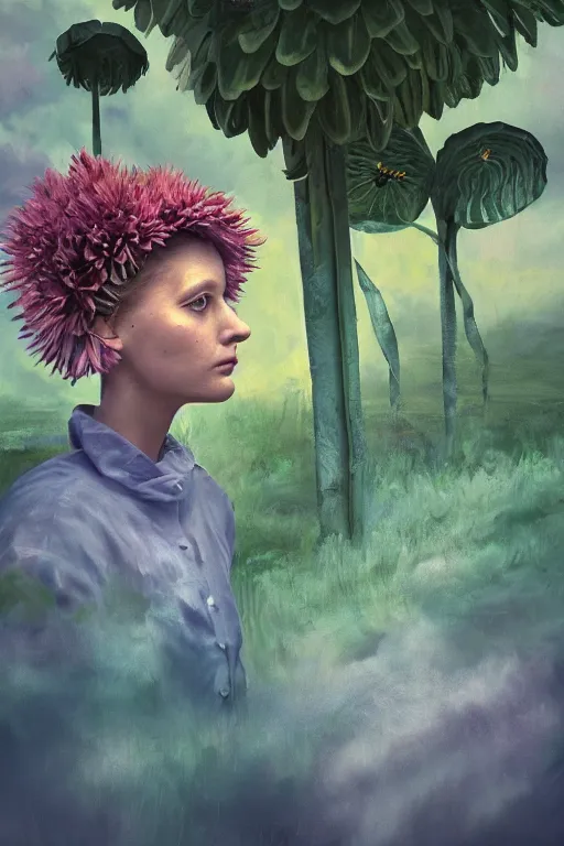 Image similar to closeup, girl with giant daisy flower head, between monsteras, surreal photography, wind and cold, dramatic sky, impressionist painting, digital painting, artstation, simon stalenhag