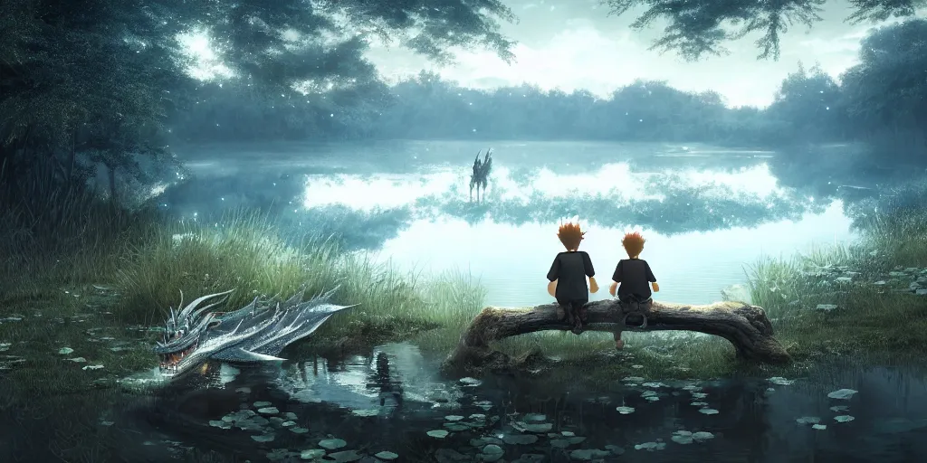 Image similar to a silver dragon and a boy sitting next to lake in forest, many fireflys, at night, concept art, dof, cryengine, digital art, detailed background, makoto shinkai