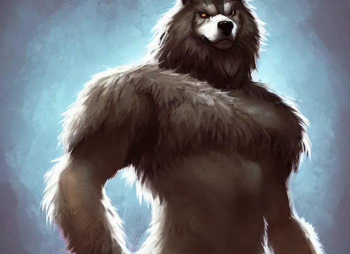 Image similar to burly tough character feature portrait of the anthro male anthropomorphic wolf fursona animal person wearing tribal primitive caveman loincloth outfit full wolf fur body standing in the entrance to the cave, head center framed character design stylized by charlie bowater, ross tran, artgerm, makoto shinkai, detailed, soft lighting, rendered in octane