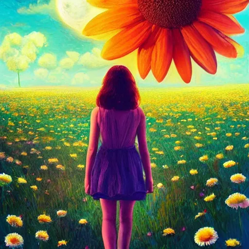 Image similar to giant daisy flower as a head, girl walking in flower field, surreal photography, moon light, dramatic, impressionist painting, colorful clouds, digital painting, artstation, simon stalenhag