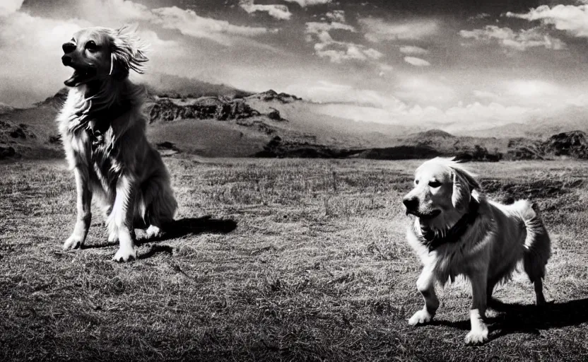 Prompt: a golden retriever robbing a wild west bank, cinematic style photograph