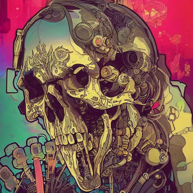 Image similar to a beautiful painting of a ( ( cyberpunk ) ) skull by simon stalenhag and pascal blanche and alphonse mucha! and nekro!. in style of digital art. colorful comic, film noirs!, symmetry, hyper detailed. octane render. trending on artstation