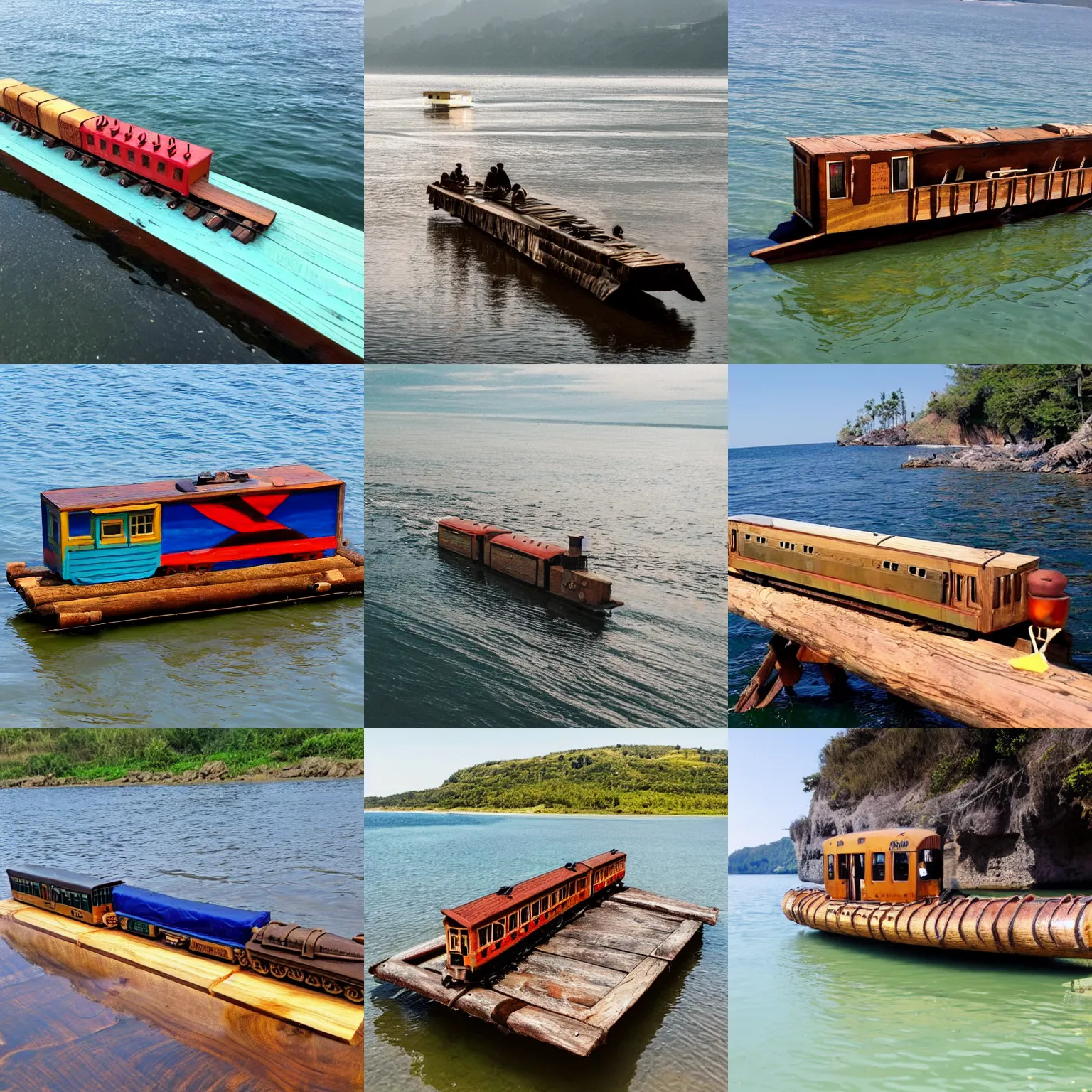 Prompt: a train on a homemade wooden raft in the ocean