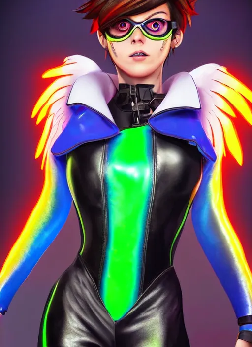 Image similar to portrait bust digital artwork of tracer overwatch, wearing iridescent rainbow latex and leather straps catsuit outfit, neon makeup, in style of mark arian, angel wings, wearing detailed leather collar, chains, black leather harness, detailed face and eyes,