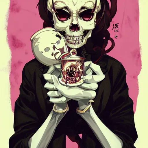 Image similar to anime manga skull portrait young woman skeleton, cuphead, painterly, logo, graffiti, elegant, highly detailed, digital art, art by jc leyendecker and sachin teng