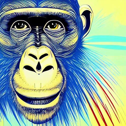 Image similar to modern art abstract portrait of an ape monkey, futuristic style, visible brush strokes, very abstract