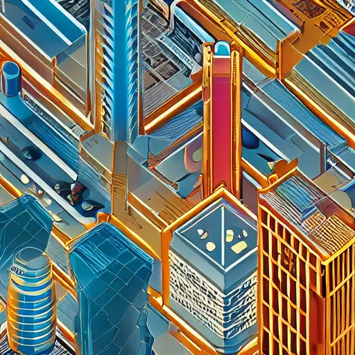 Prompt: isometric photo of a futuristic art deco city, detailed, extreme detail, gigapixel, high resolution, 4k, realistic style, bold colors, at golden hour