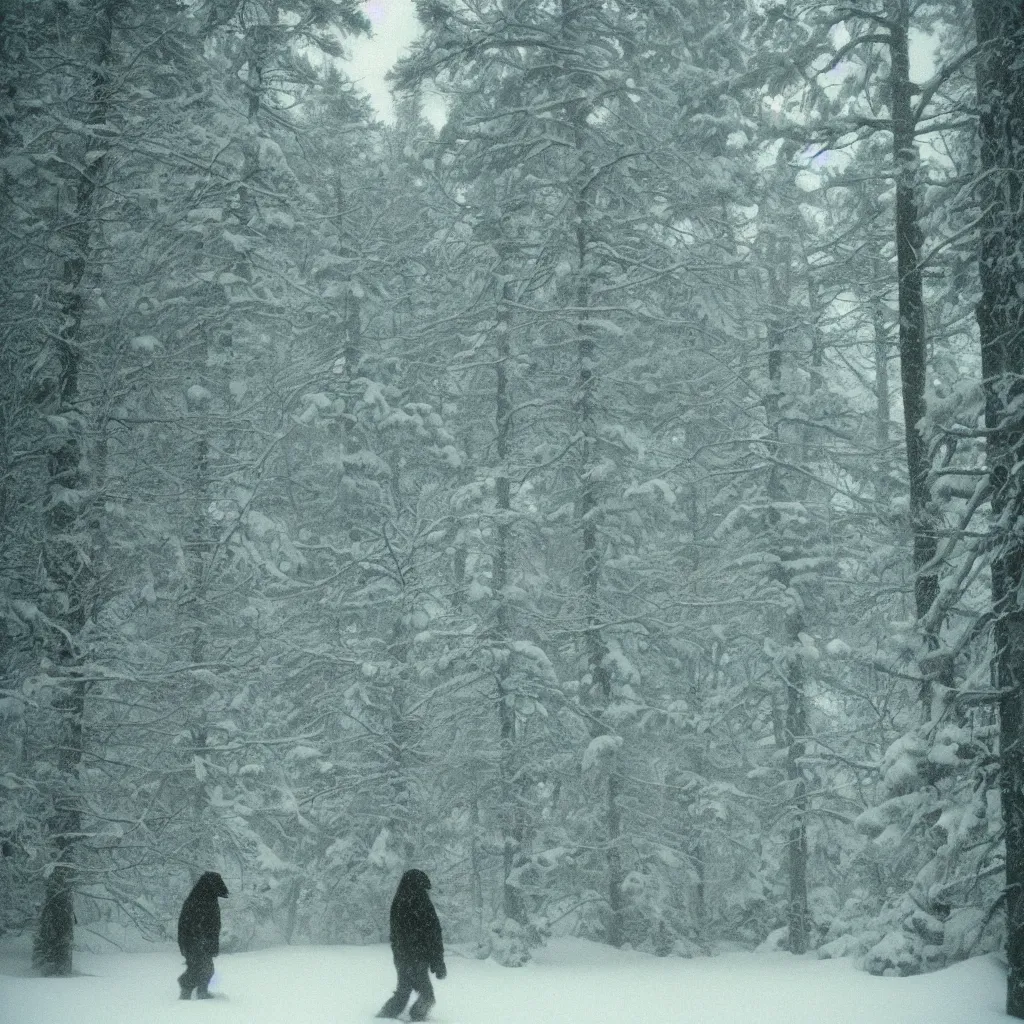 Image similar to photo, bigfoot is hiding in the background. cold color temperature, snow storm. hazy atmosphere. humidity haze. kodak ektachrome, greenish expired film, award winning, low contrast