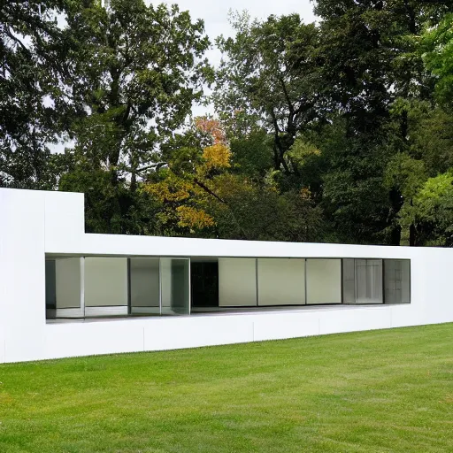 Prompt: horizontal white building on 2 stone pylons, tall continuous windows with black mullions, villa savoye, mies van der rohe, farnsworth house, barcelona pavilion, double cantilever, cantilever, overhang