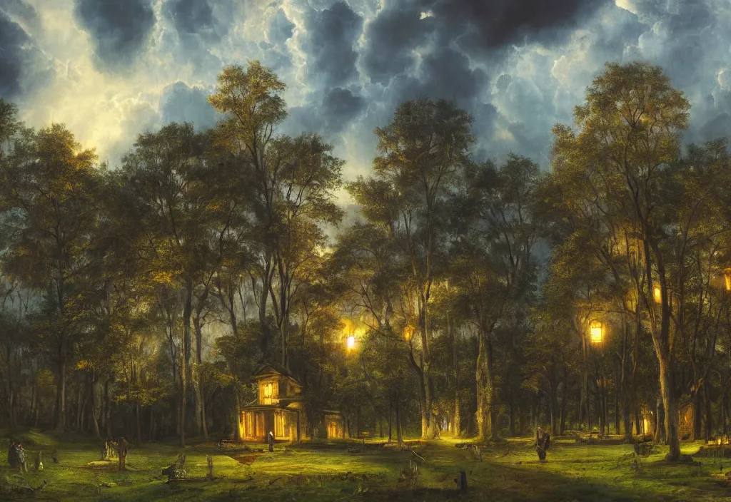 Prompt: rich mansion in the woods, there is lanterns around illuminating the environment, cinematic lightning, dramatic, clouds, sky, the time of day is dusk, highly detailed, oil painting,