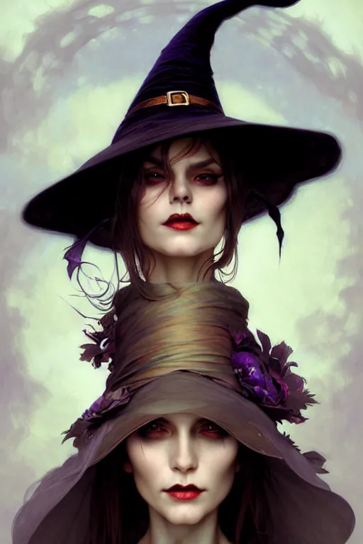 Image similar to halloween witch woman in a hat, fantasy magic, undercut hairstyle, intricate, elegant, sharp focus, illustration, highly detailed, digital painting, concept art, matte, art by wlop and artgerm and greg rutkowski and alphonse mucha, masterpiece