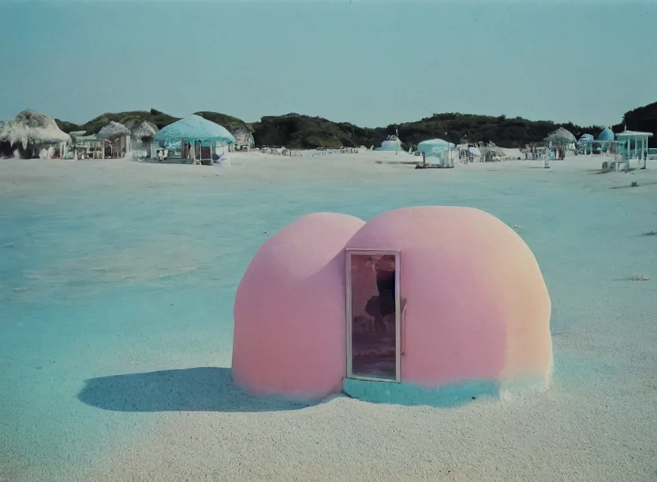 Prompt: a pastel coloured vintage family holiday photo of an empty beach from an alien dreamstate world with chalky pink iridescent!! sand, reflective lavender ocean water, dim bioluminescent plant life and an igloo shaped shiny plastic transparent restaurant opposite a kiosk with an iridescent blue flame flickering. glare. refraction, volumetric light.