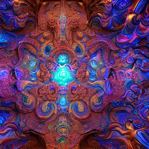 Image similar to a beautiful stone carving of an intricate psychedelic cathedral populated by mandelbrot fractals by android jones, carved soap, unreal engine, volumetric lighting, dynamic lighting, bright, dramatic lighting, high contrast, neon glow, carved marble, opalescent, sacred geometry, religious, angelic, catholicpunk, stark, trending on artstation