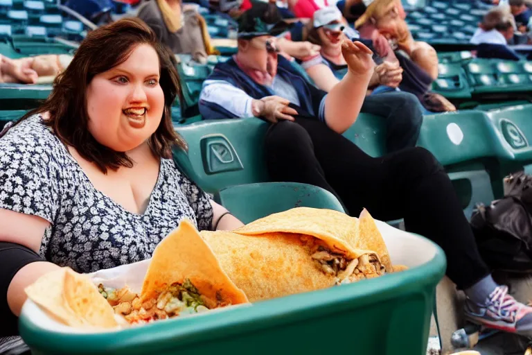 Image similar to obese woman eating a giant burrito sitting at a baseball game, photograph,