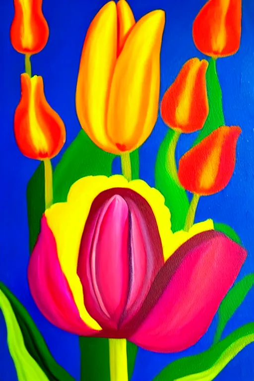 Image similar to a colorful painting of a side view of a tulip in with roots going deep into the ground in the stale of frida kahlo with the colors of mexico