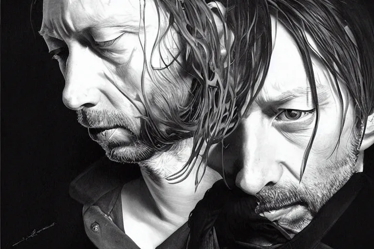 Image similar to hyper realistic portrait of wider faced thom yorke, bigger nose, on a stage, by lee bermejo, alphonse mucha and greg rutkowski