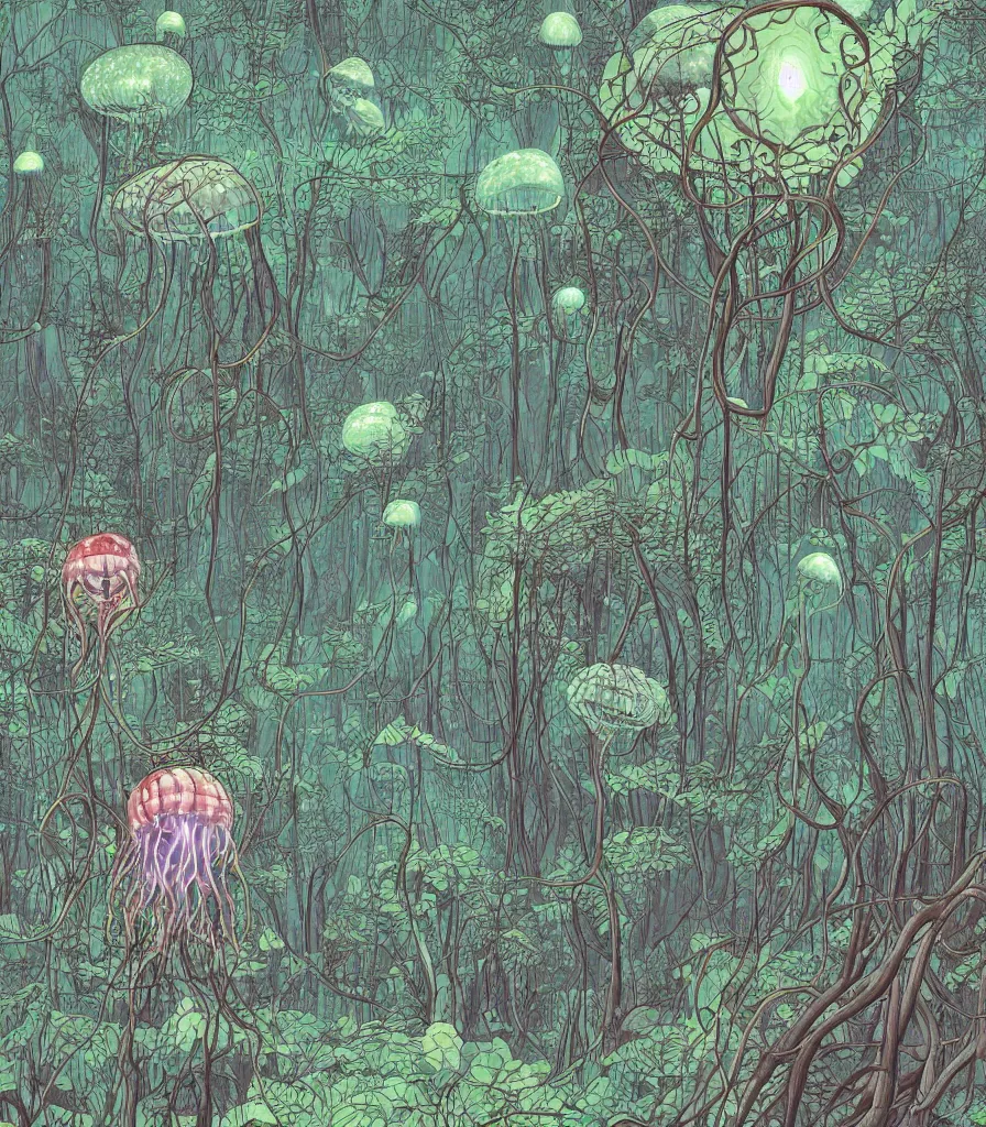 Prompt: brilliant alien jellyfish forest color scientific illustration by Ernst Haekel, Hayao Miyazaki, foggy, ambient occlusion, color illustration with orthographic views