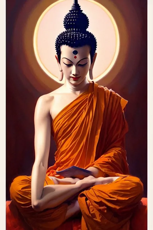 Image similar to buddhism, expressionnisme, painting by greg rutkowski, j. c. leyendecker, artgerm