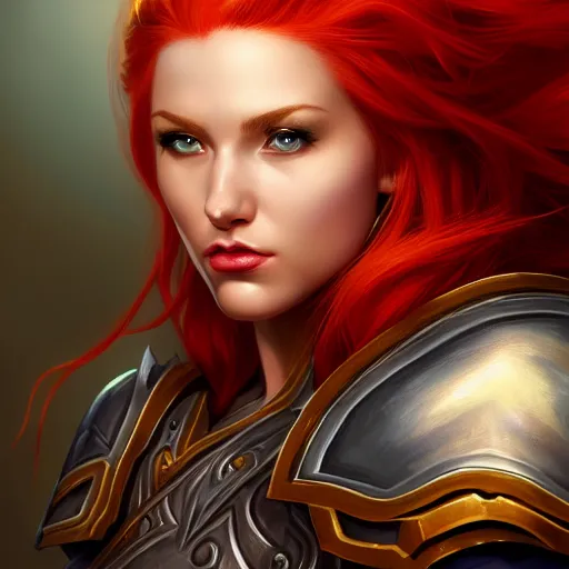 Prompt: a portrait of a very beautiful woman in armor warcraft style armor. red hair, bored, illustration, soft lighting, soft details, painting oil on canvas by mark arian by artgerm, trending on artstation, 4k, 8k, HD