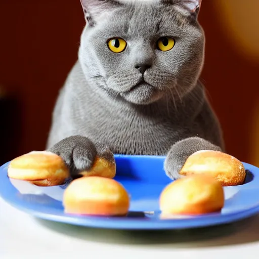 Image similar to a blue british shorthair cat eating a donut, photo,