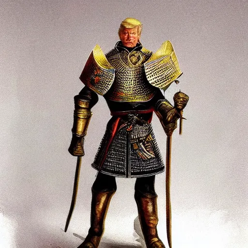 Image similar to donald trump, knights armor!!!!!!!!!!!!!!!!, one broadsword, by hans holdein, donald trumps highly detailed handsome face, two arms, two legs, donald trumps symmetrical face, realistic, valiant, heroic