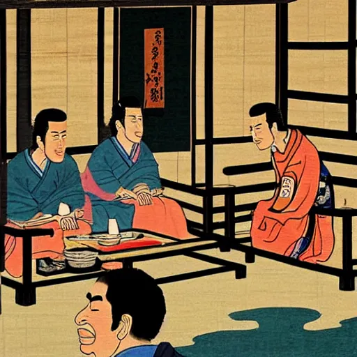 Image similar to ancient Japanese painting of Seinfeld characters in Jerry’s apartment, extremely detailed