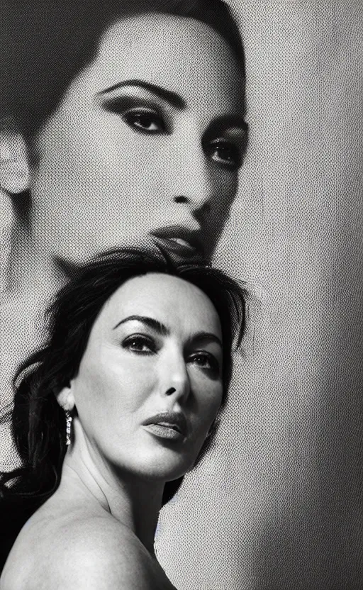 Image similar to portrait of monica bellucci , 3/4 view realistic, detailed, diffuse sunlight, soft lights, bokeh Paris in background