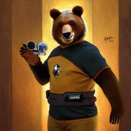 Image similar to a portrait of a bear bearman in a starfleet uniform star trek chief engineer. zootopia fursona furaffinity furry art detailed face highly detailed painting by gaston bussiere craig mullins jc leyendecker gustav klimt artgerm greg rutkowski furry