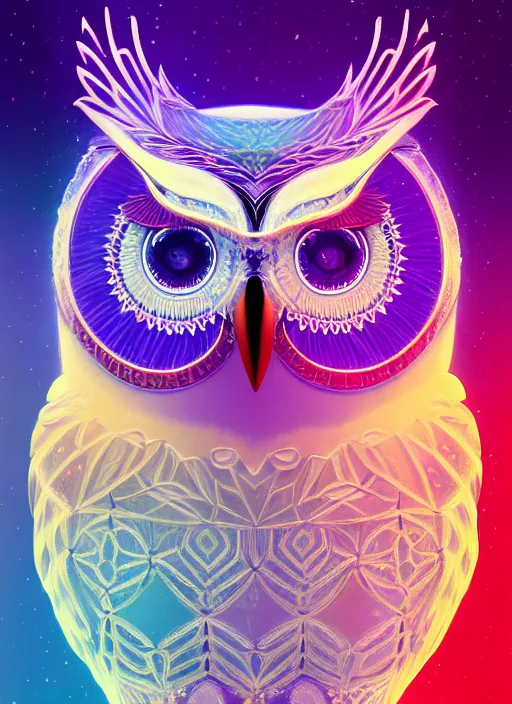 Image similar to symmetry!! product render poster vivid colors divine proportion owl, ice and snow, glowing fog intricate, elegant, highly detailed, digital painting, artstation, concept art, smooth, sharp focus, illustration,