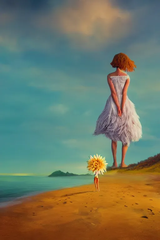 Image similar to closeup giant dahlia flower head, girl standing on beach, surreal photography, blue sky, sunrise, dramatic light, impressionist painting, digital painting, artstation, simon stalenhag