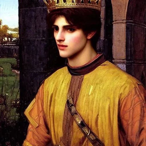 Image similar to painting of handsome beautiful medieval prince in his 2 0 s named shadow wearing a golden crown, elegant, soft facial features, clear, sharp focus, painting, stylized, art, art by john william waterhouse