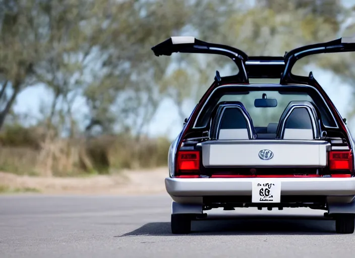 Image similar to photo still of a toyota corolla with open!!! gullwing doors!!! gullwing doors gullwing doors!!!, 8 k, 5 2 mm f 1 2