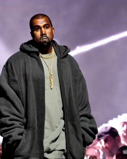 Image similar to kanye rapping on stage but his clothes are ten times too large for him