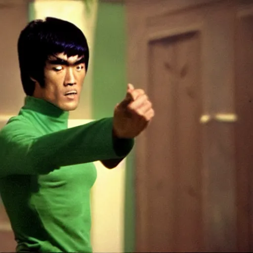 Prompt: bruce lee as shaggy, still from scooby - doo ( 2 0 0 2 )