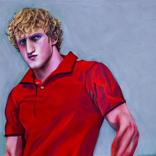 Image similar to logan paul wearing a red dress, realistic, detailed, portrait,