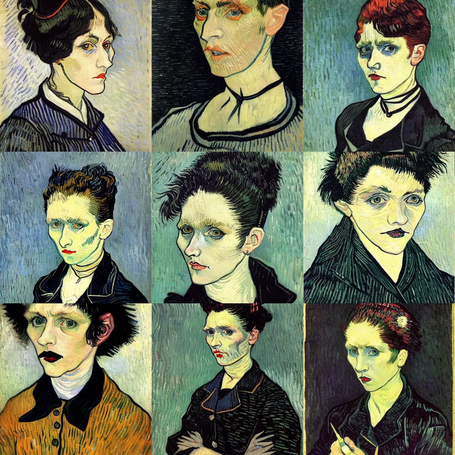 Prompt: A goth portrait painted by Vincent van Gogh. Her hair is dark brown and cut into a short, messy pixie cut. She has a slightly rounded face, with a pointed chin, large entirely-black eyes, and a small nose. She is wearing a black tank top, a black leather jacket, a black knee-length skirt, a black choker, and black leather boots.