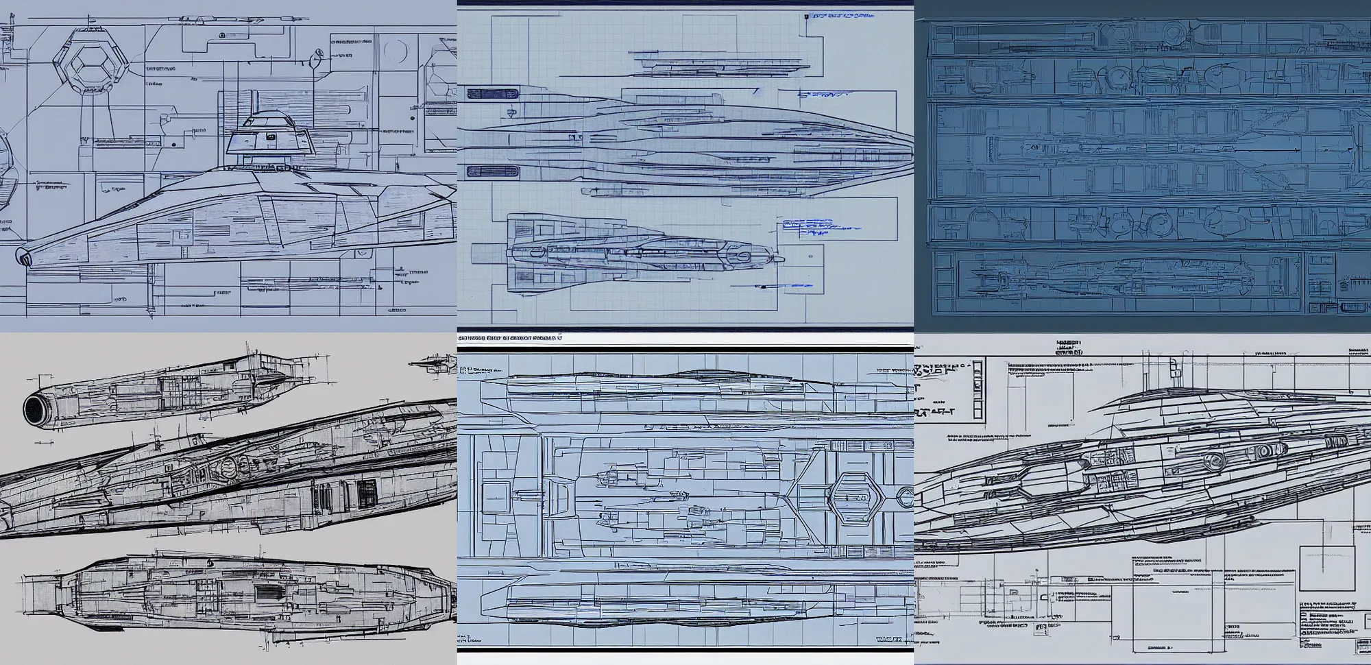 Prompt: the 2D blueprints for a starwars spaceship